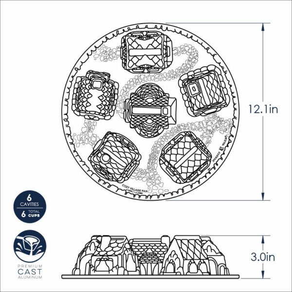 Plan des dimensions du moule Nordic Ware Cozy Village 81948
