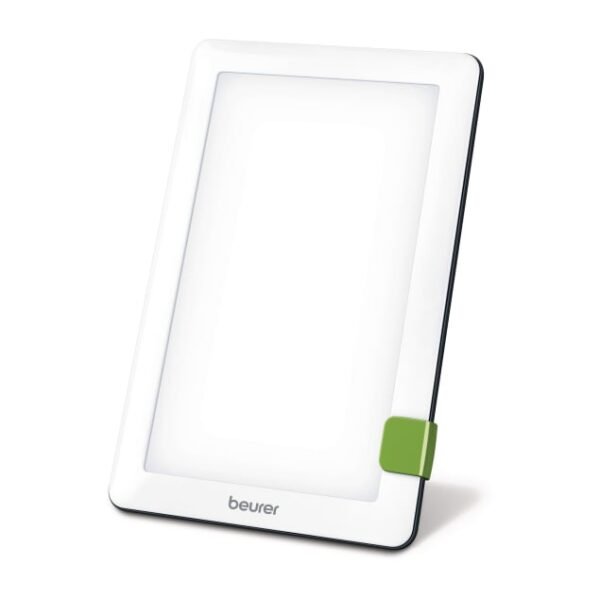 Lampe de luminothérapie Beurer TL 30 blanche avec pied vert sur fond blanc