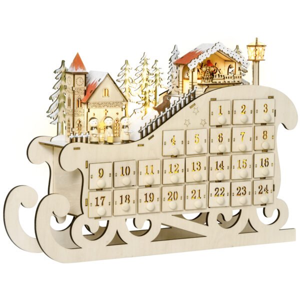 homcom-830-418-calendrier-avent-bois-traineau-11 Vue en perspective du calendrier HOMCOM 830-418 à 24 tiroirs
