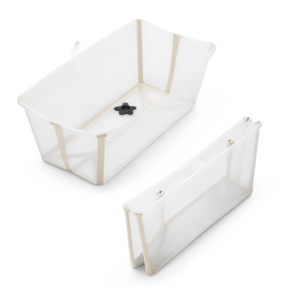 baignoire-bebe-stokke-flexi-bath-beige-pliage Même baignoire Stokke Flexi Bath beige montrée ouverte et pliée, une baignoire incluse