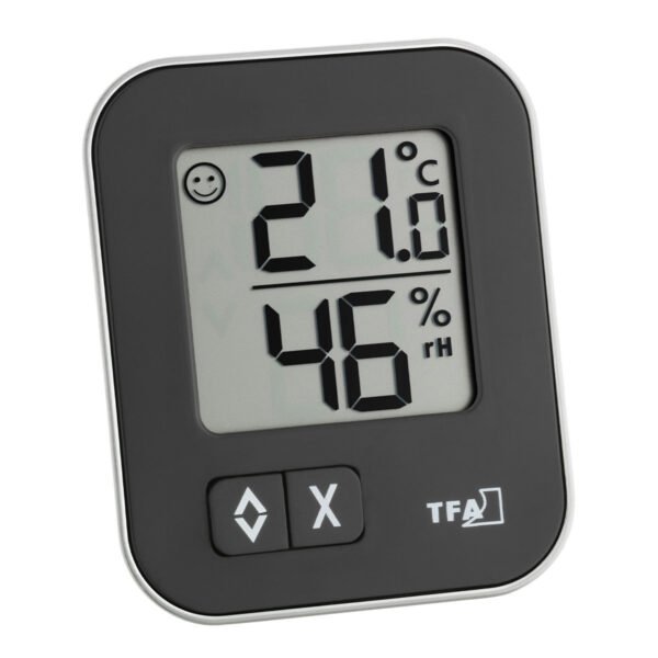tfa moxx 1 Thermomètre hygromètre intérieur TFA Dostmann MOXX noir, vue de face